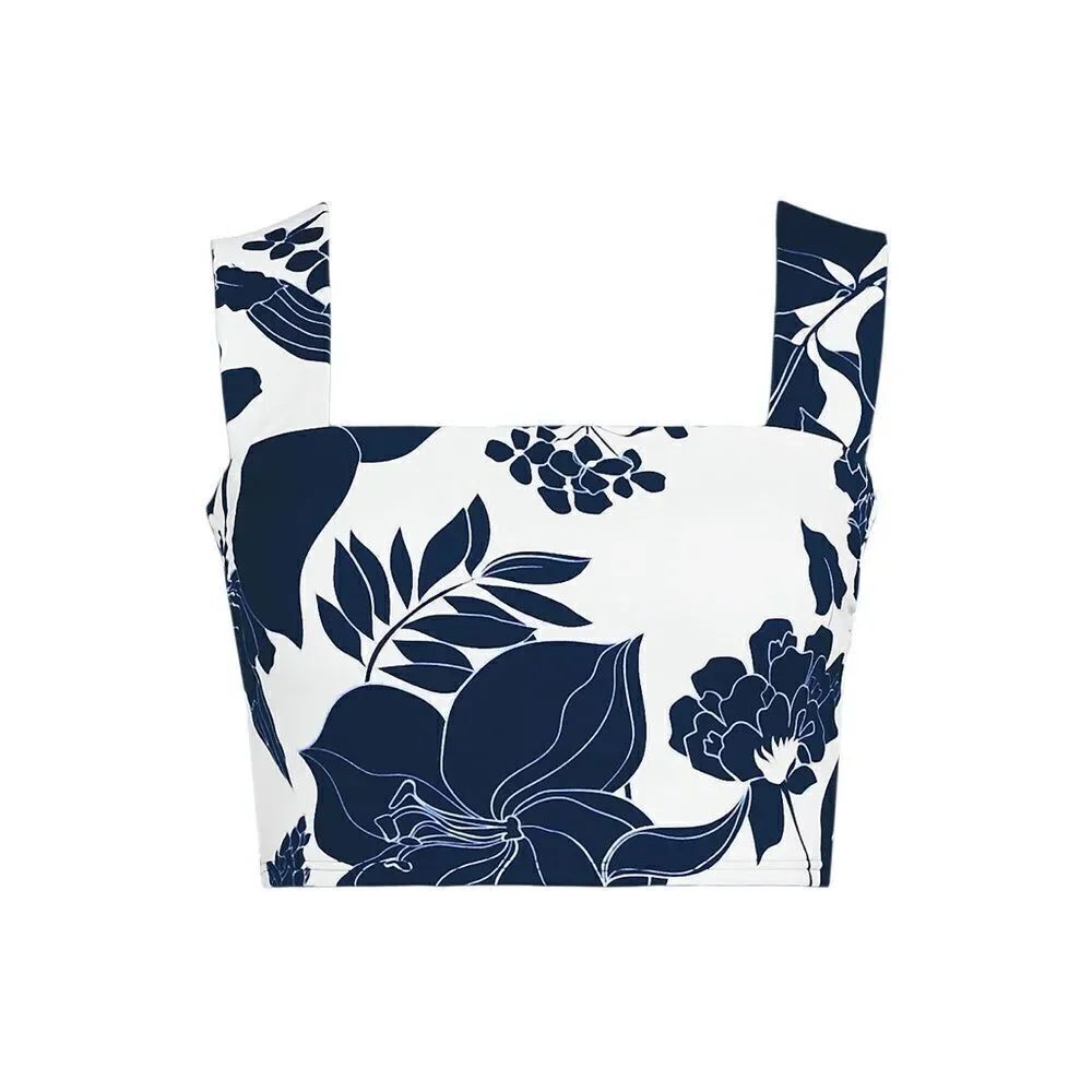 Land's End Plus Standard square neck soft cup tankini white navy lilies Various